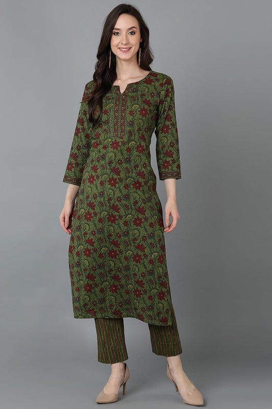 Green Cotton Straight Kurta VCK8885