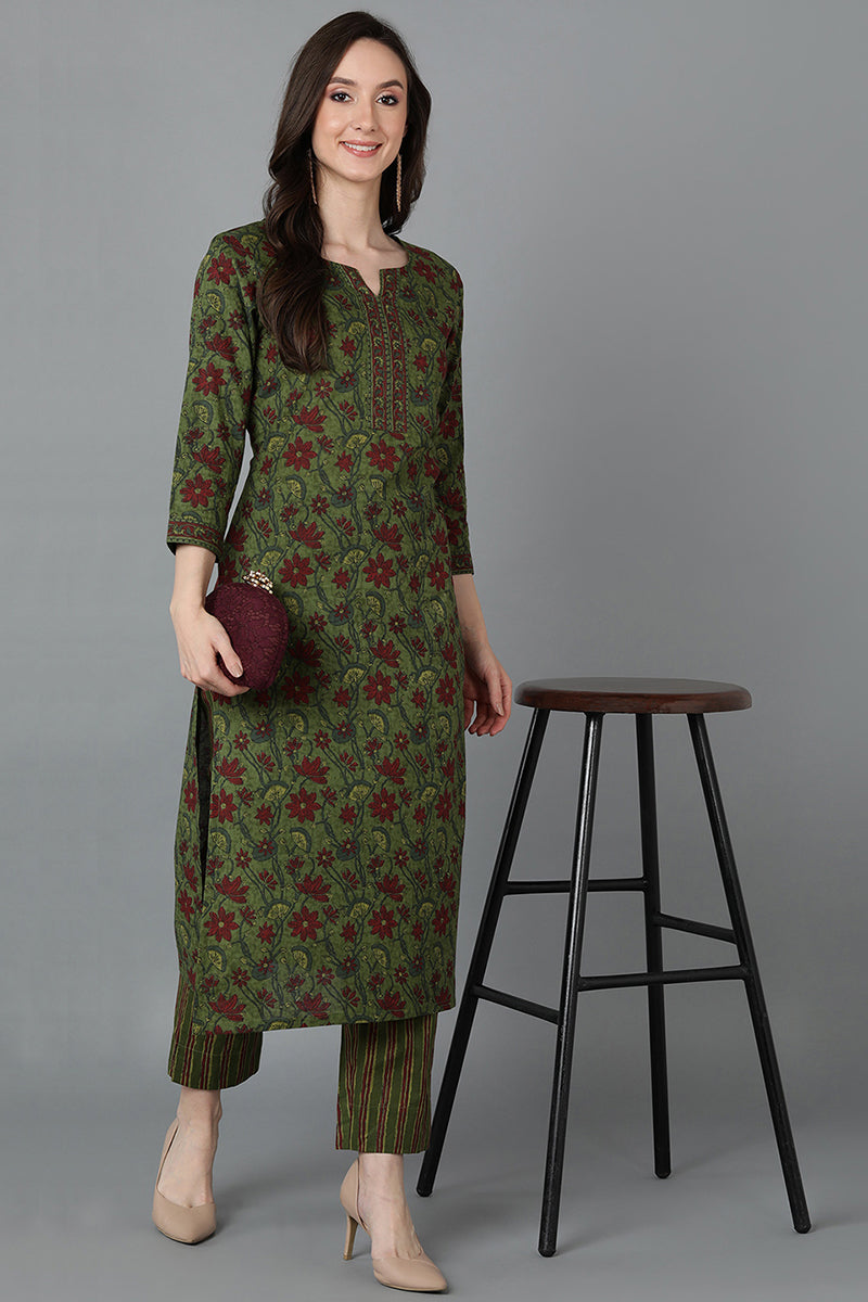 Green Cotton Straight Kurta VCK8885