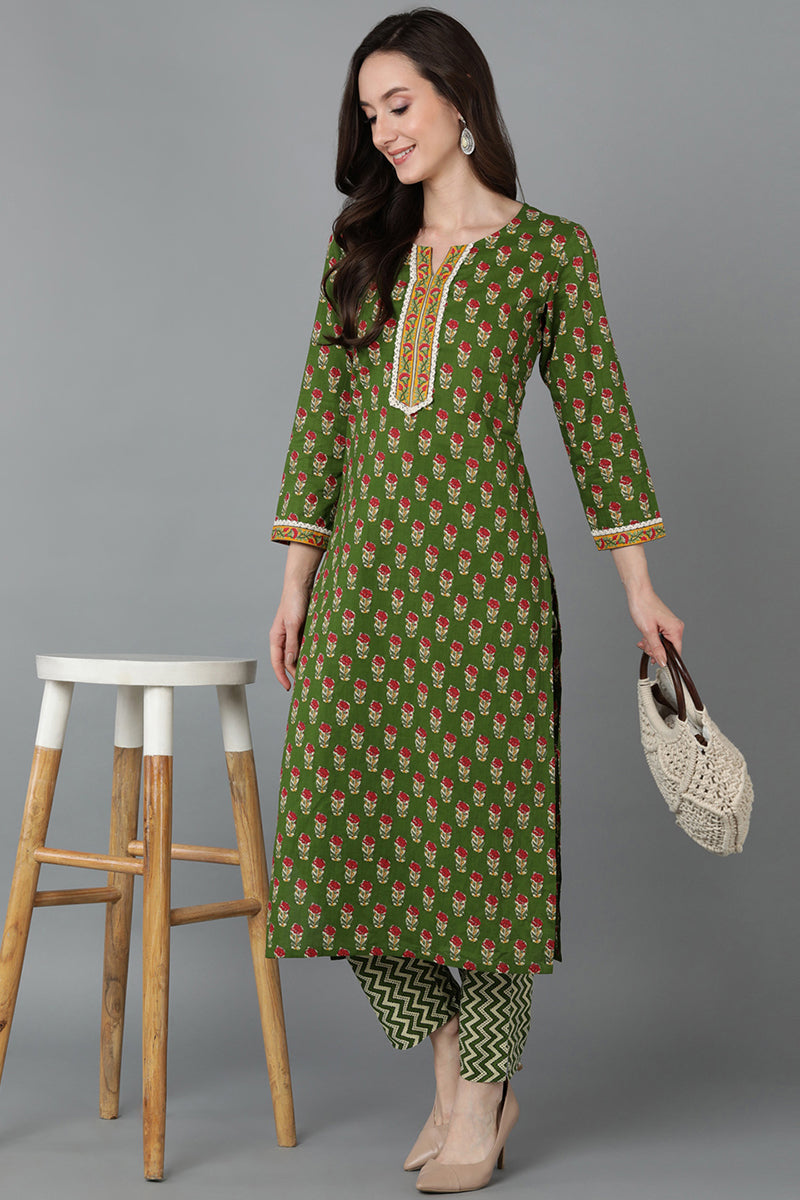 Green Cotton Straight Kurtas VCK8890