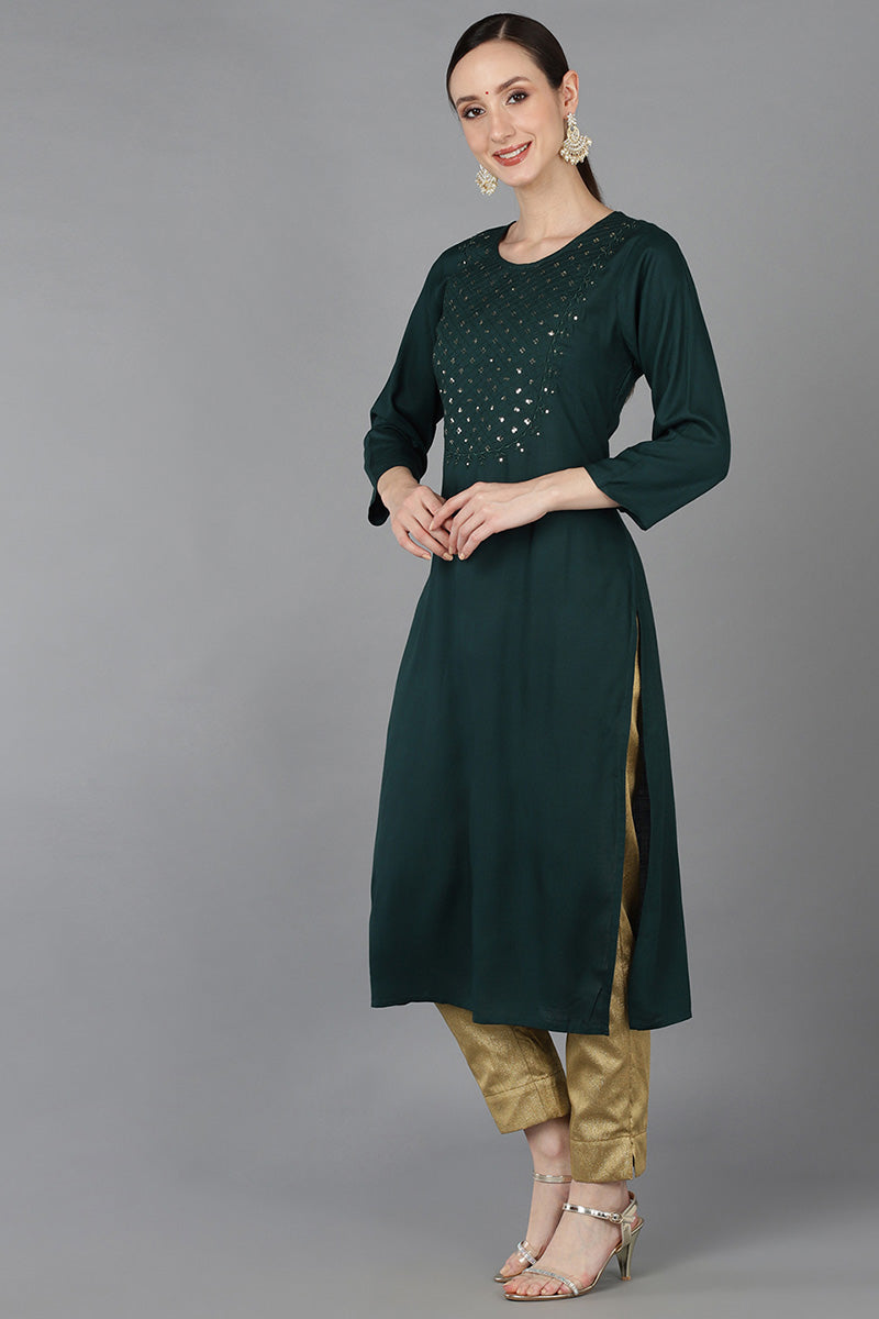 Green Cotton Blend Yoke Design Solid Straight Kurta VCK8911