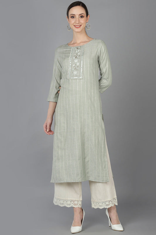 Green Cotton striped Round Neck straight Kurta VCK8922