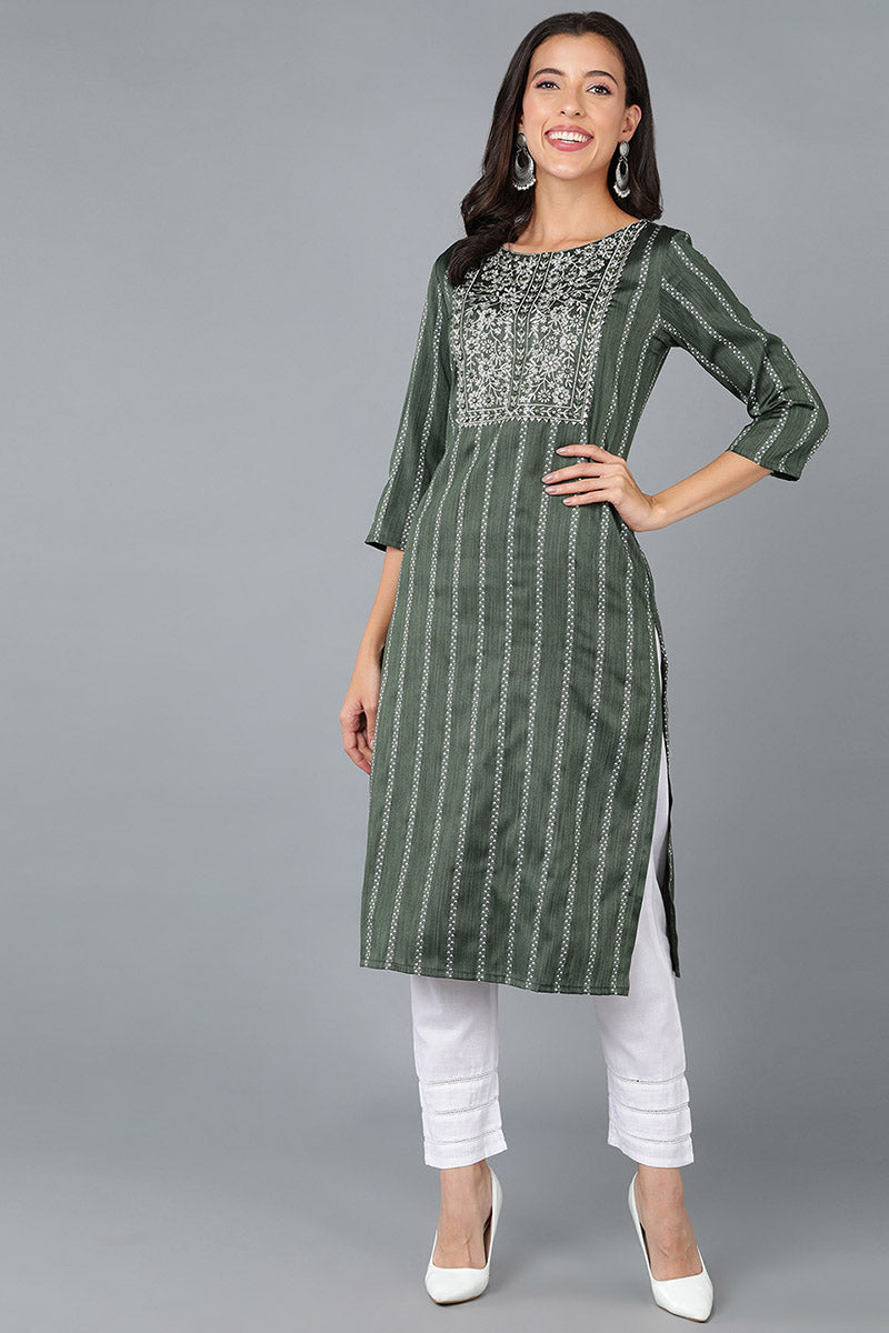 Green Cotton Striped Yoke Design Straight Kurta VCK8930