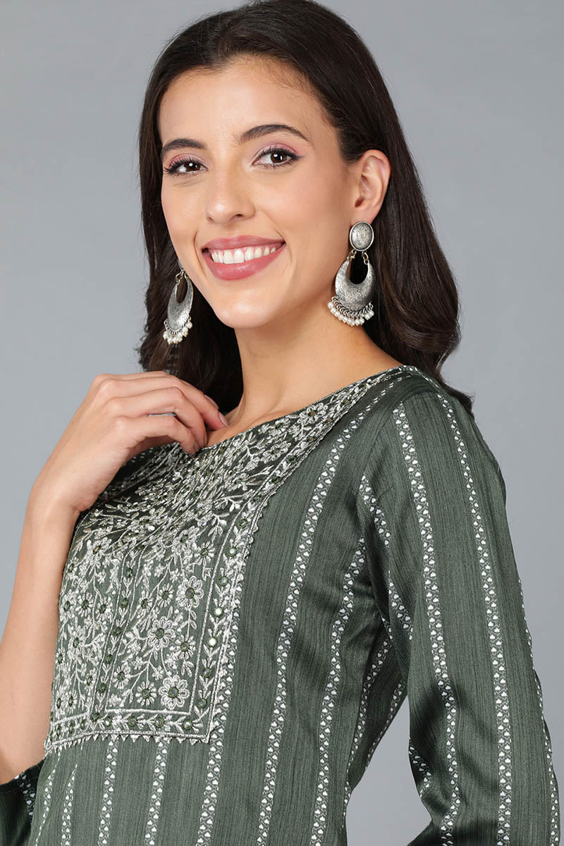 Green Cotton Striped Yoke Design Straight Kurta VCK8930