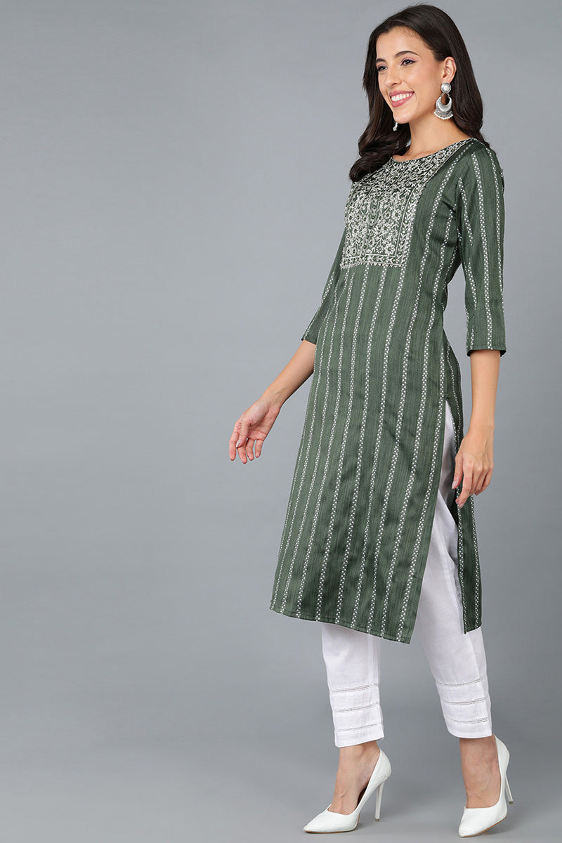 Green Cotton Striped Yoke Design Straight Kurta VCK8930