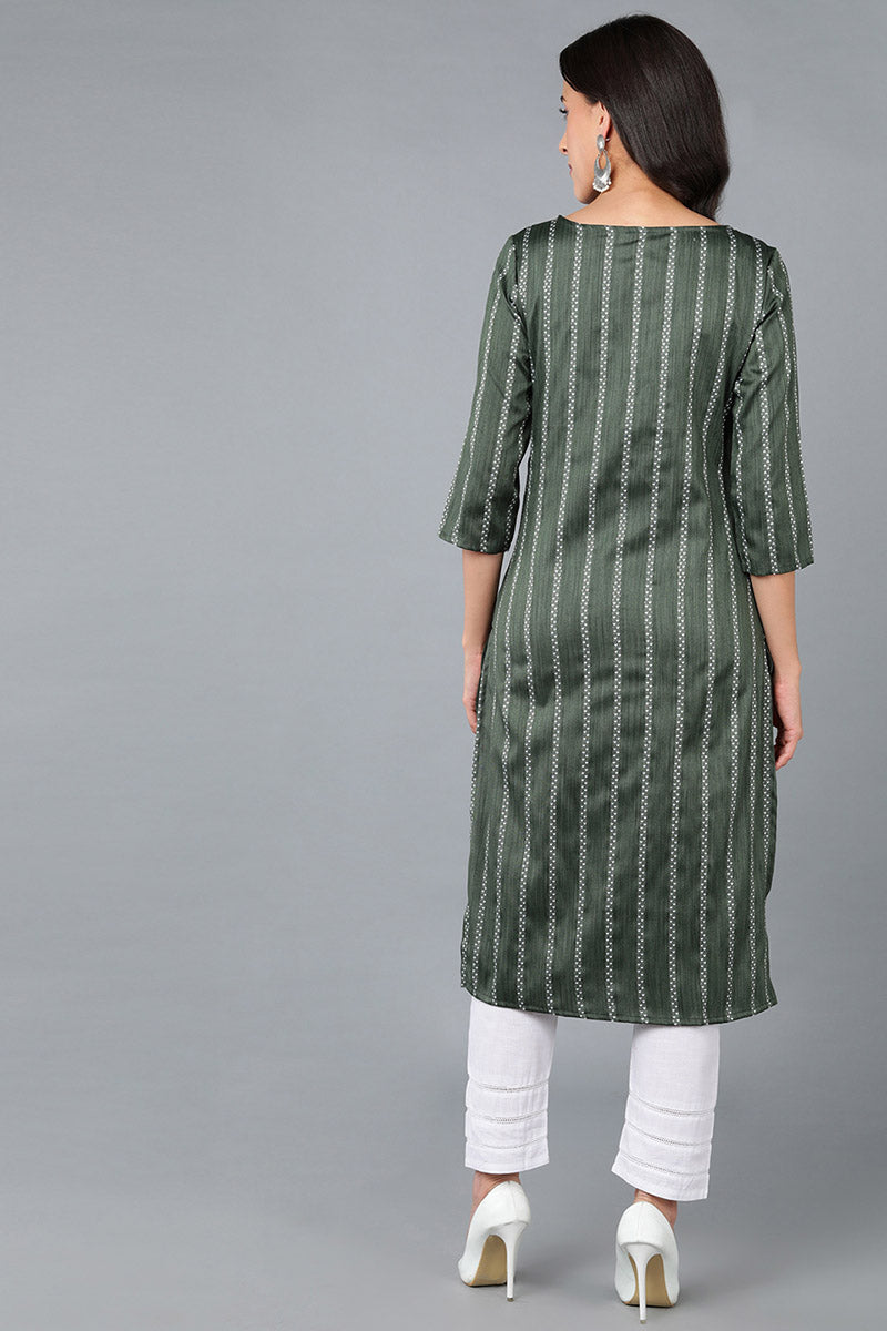 Green Cotton Striped Yoke Design Straight Kurta VCK8930