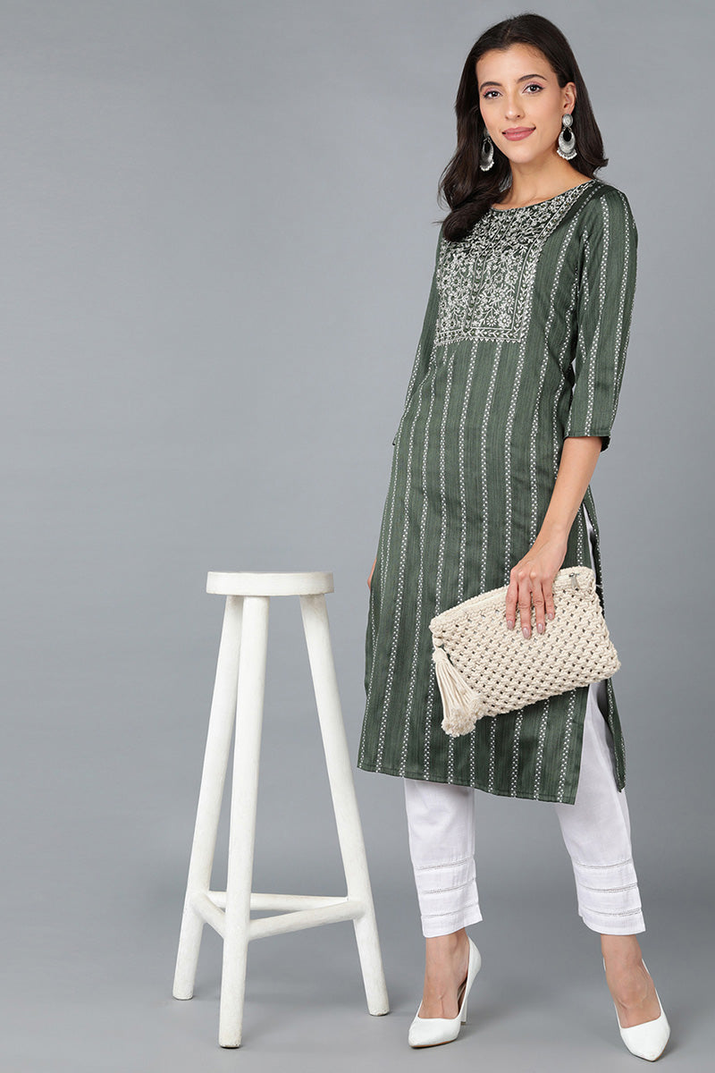 Green Cotton Striped Yoke Design Straight Kurta VCK8930