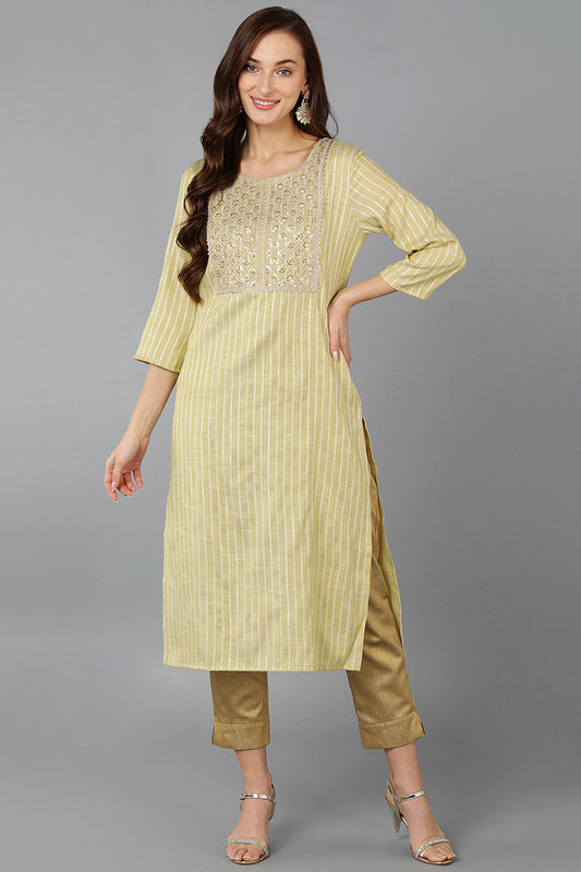 Green Cotton Striped Yoke Design Straight Kurta VCK9056