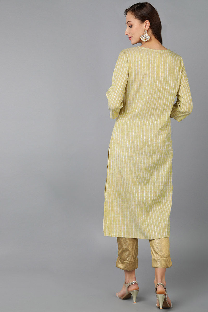 Green Cotton Striped Yoke Design Straight Kurta VCK9056