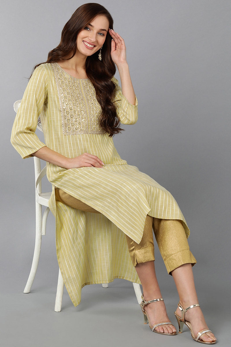 Green Cotton Striped Yoke Design Straight Kurta VCK9056