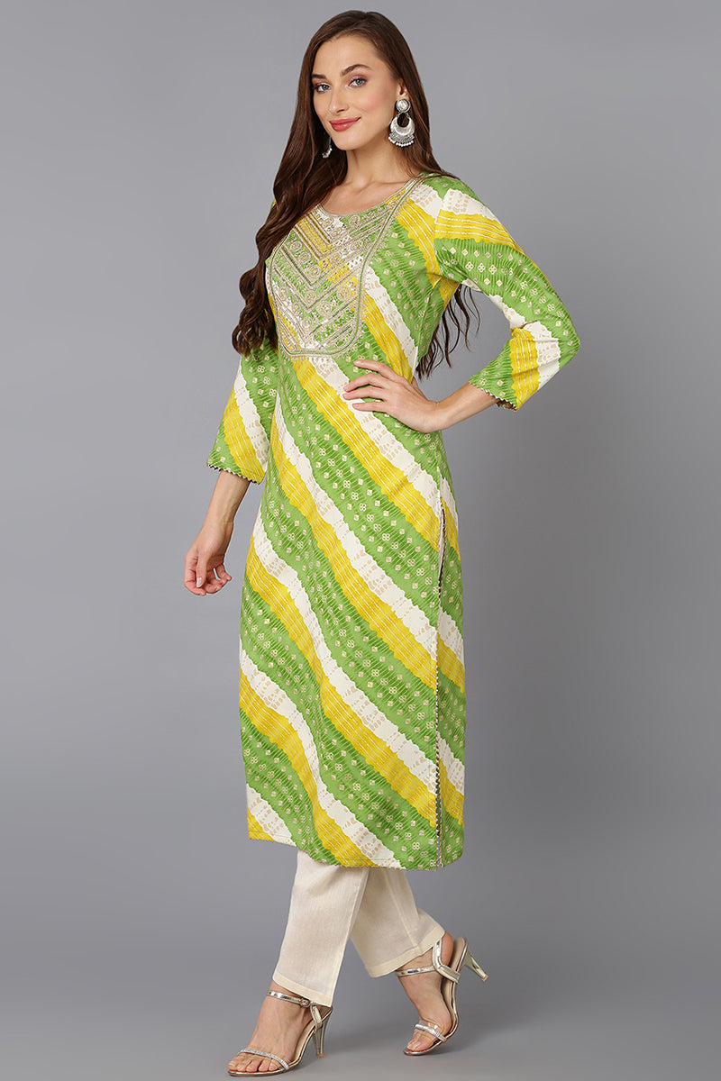 Green Cotton Blend Printed Straight Kurta VCK9228