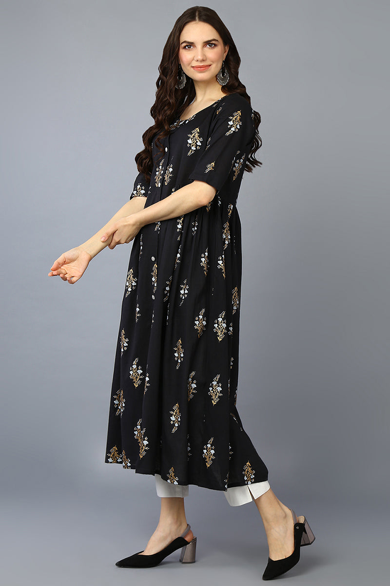 Black Cotton Ethnic Motifs Flared Kurta VCK9366