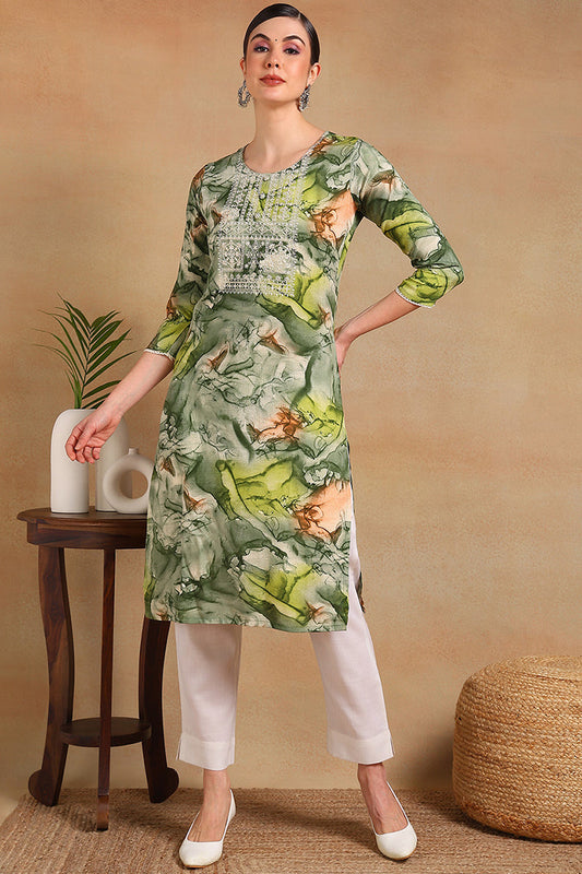 Green Cotton Blend Abstract Printed Straight Kurta VCK9563