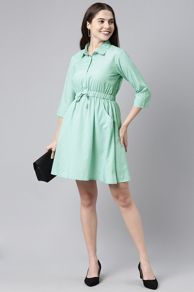 Green Crepe Polka Dot Mini Dress VD1071