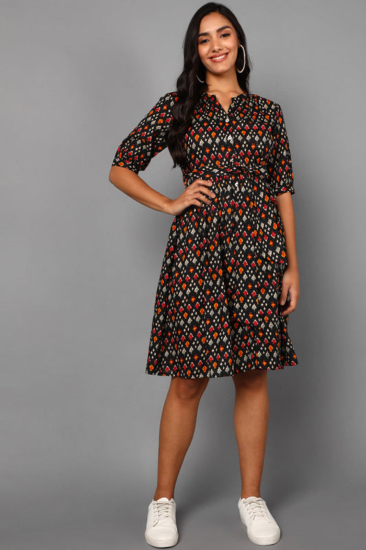 Black Cotton Abstract Print Midi Dress VD1224