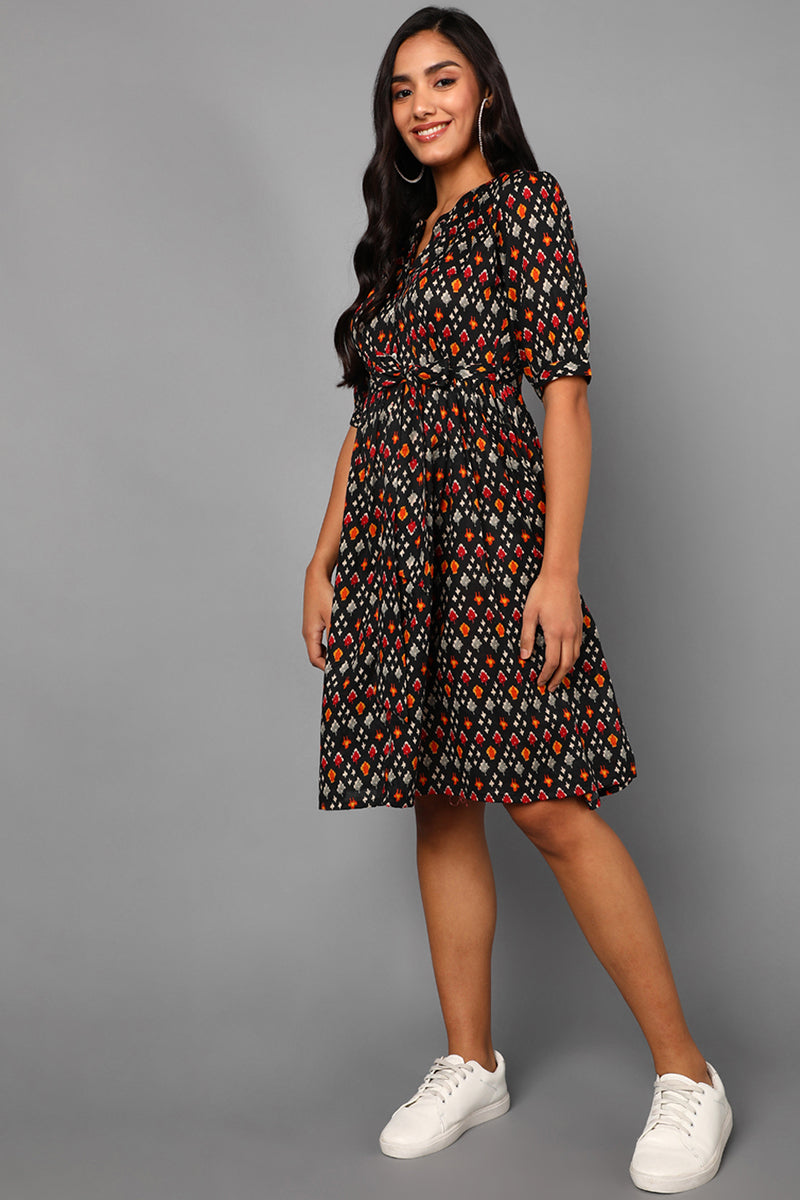 Black Cotton Abstract Print Midi Dress VD1224