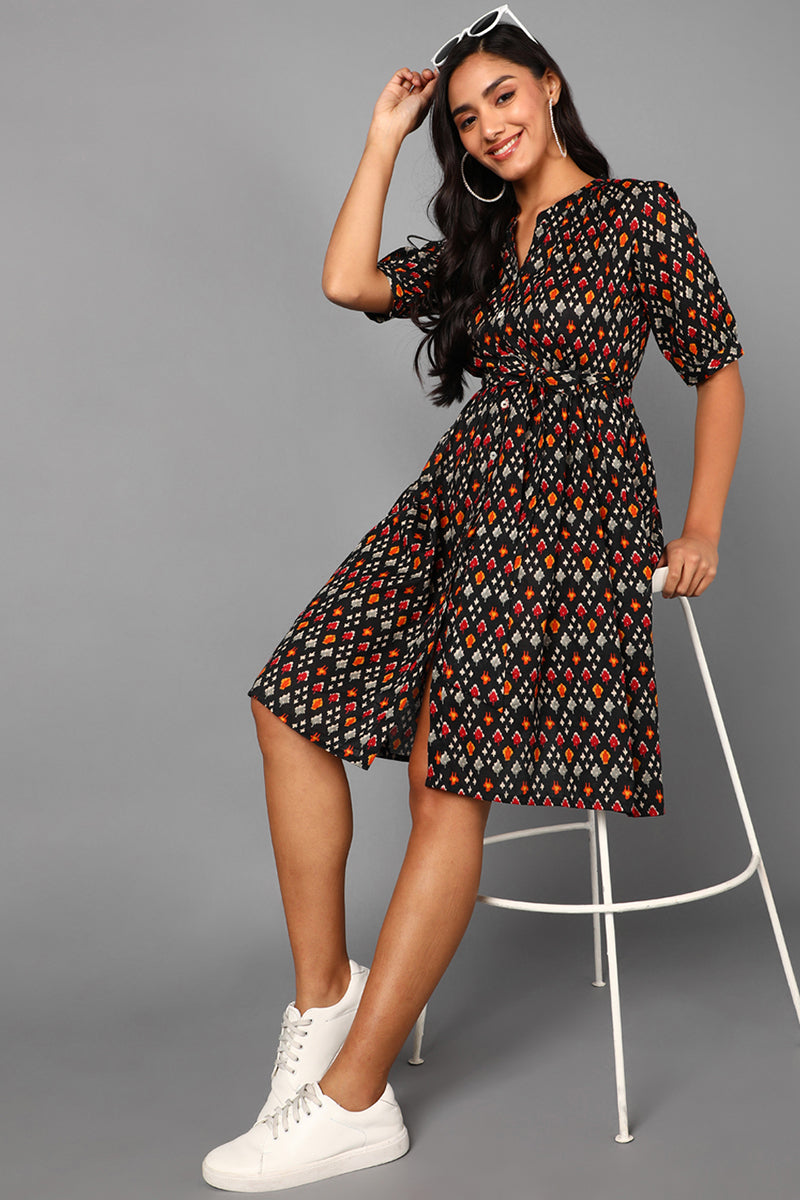 Black Cotton Abstract Print Midi Dress VD1224