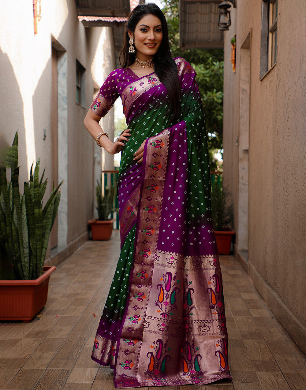 Dark Magenta & Green Dola Silk Bandhani Saree With Weaving Border