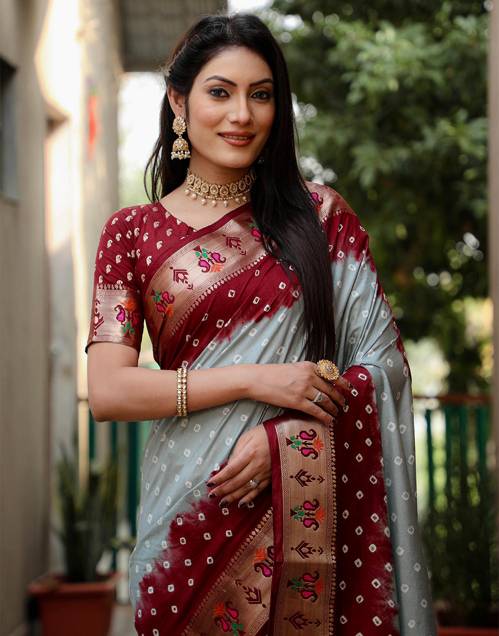 Maroon & Grey Dola Silk Bandhani Saree With Weaving Border