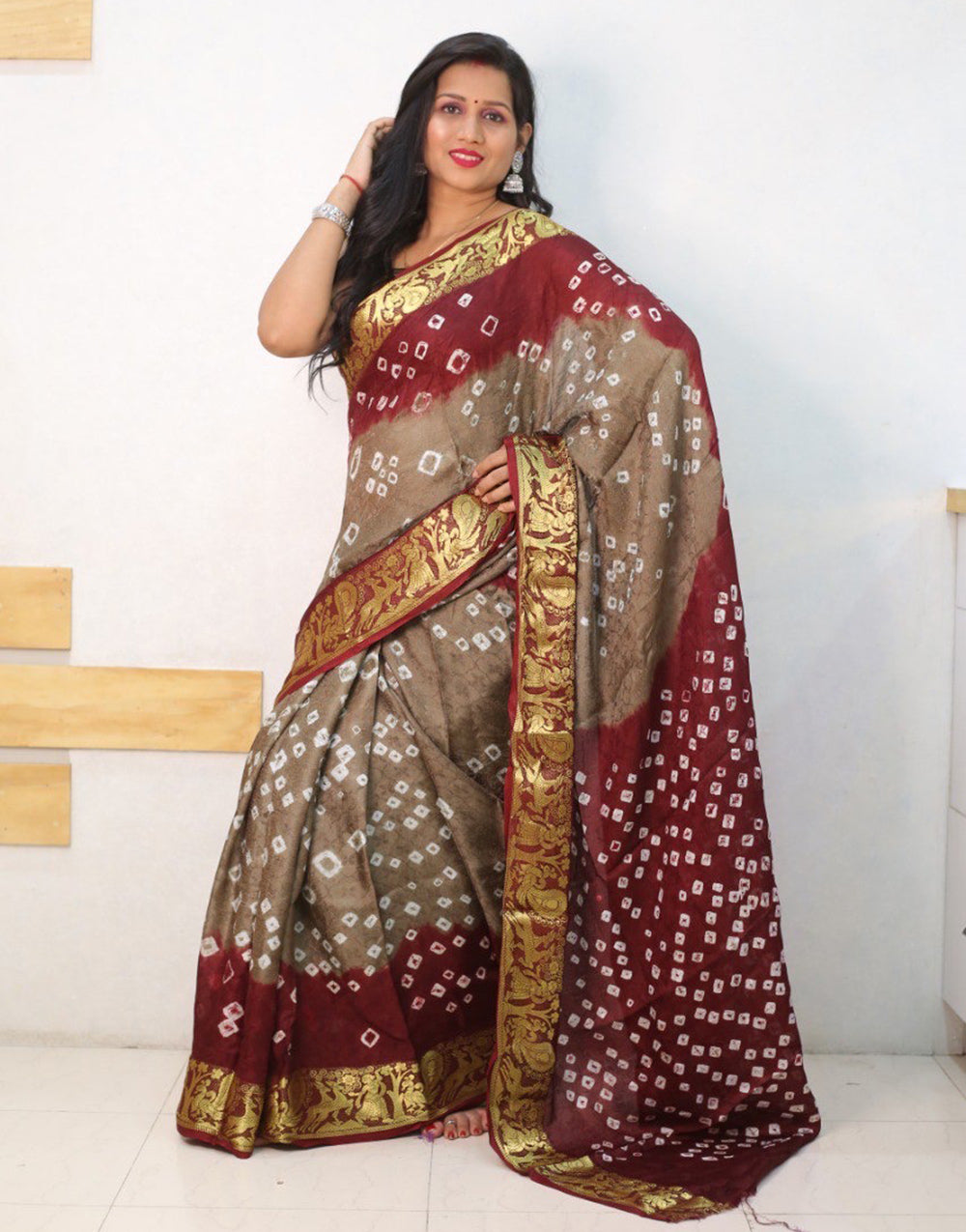 Brown & Maroon Hand Bandhej Bandhani Saree With Zari Weaving Border