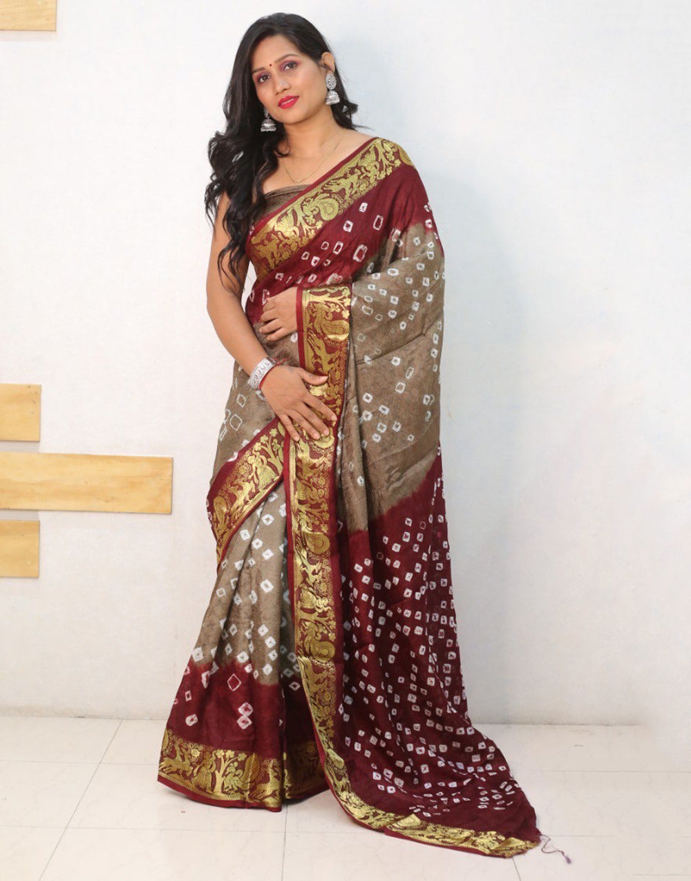 Brown & Maroon Hand Bandhej Bandhani Saree With Zari Weaving Border