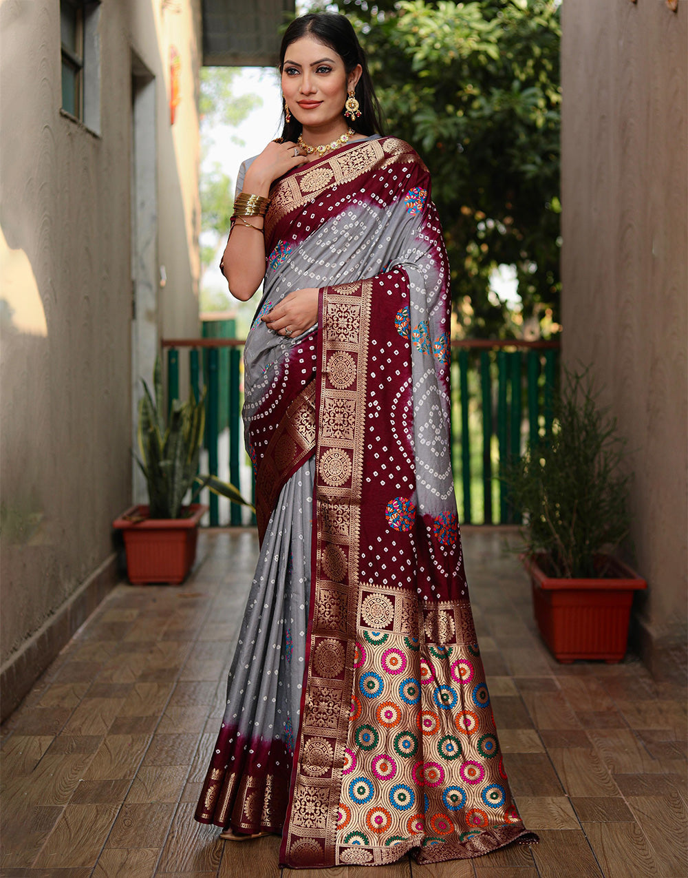 Grey & Dark Maroon Hand Bandhej Bandhani Saree With Weaving Border