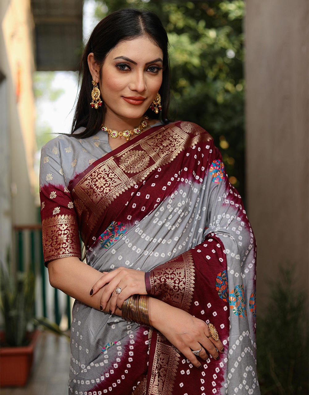 Grey & Dark Maroon Hand Bandhej Bandhani Saree With Weaving Border