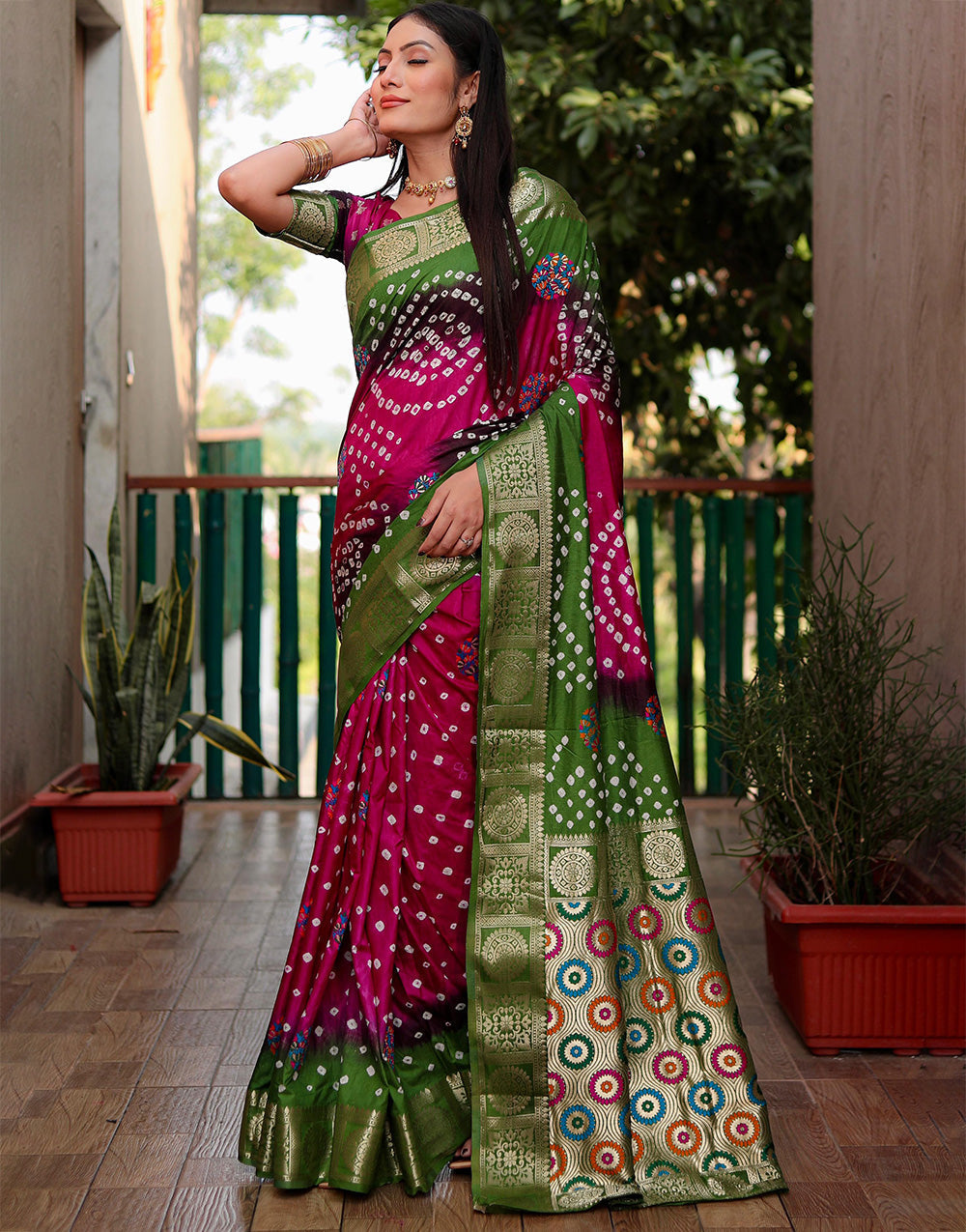 Magenta & Green Hand Bandhej Bandhani Saree With Weaving Border