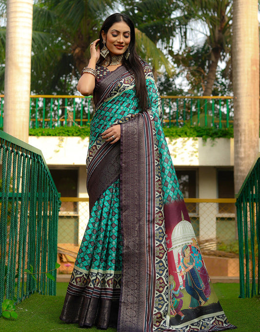 Green & Dark Brown Dola Silk With Digital Printed Saree