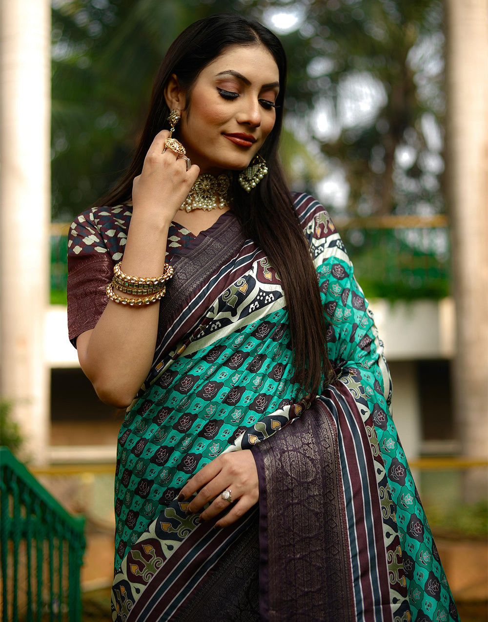 Green & Dark Brown Dola Silk With Digital Printed Saree