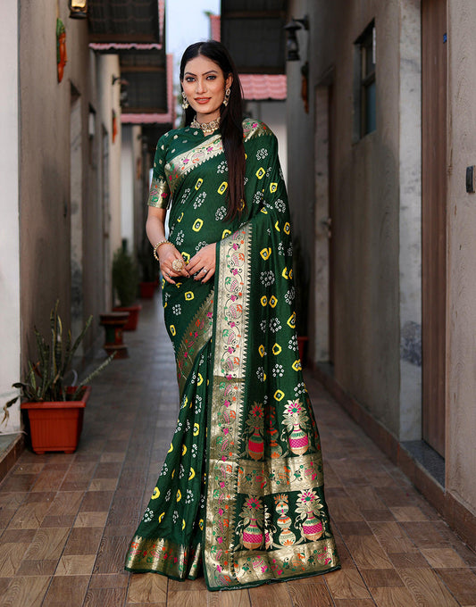 Dark Green Bandhani Saree With Weaving Border