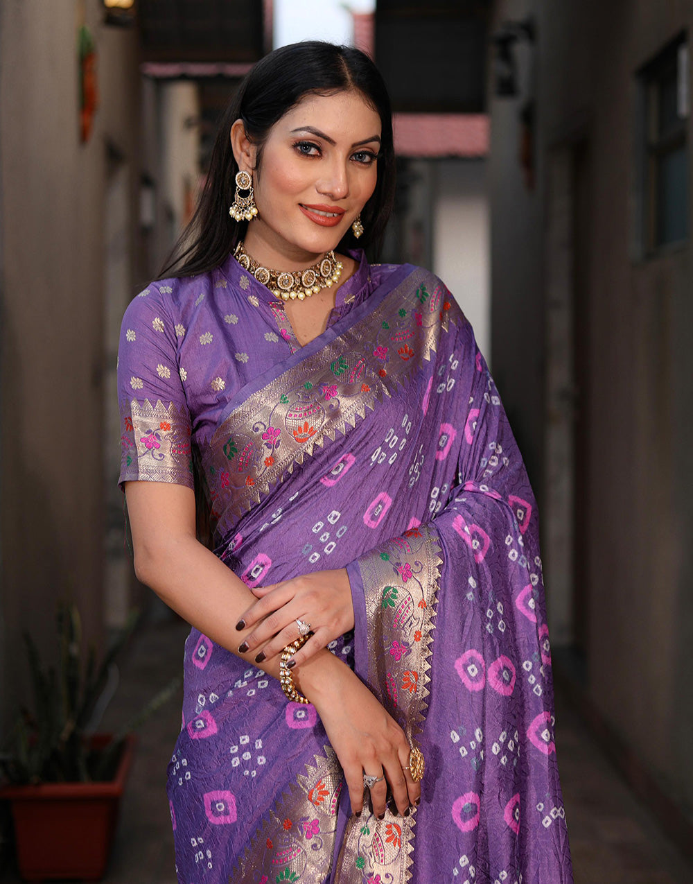 Iris Purple Bandhani Saree With Weaving Border