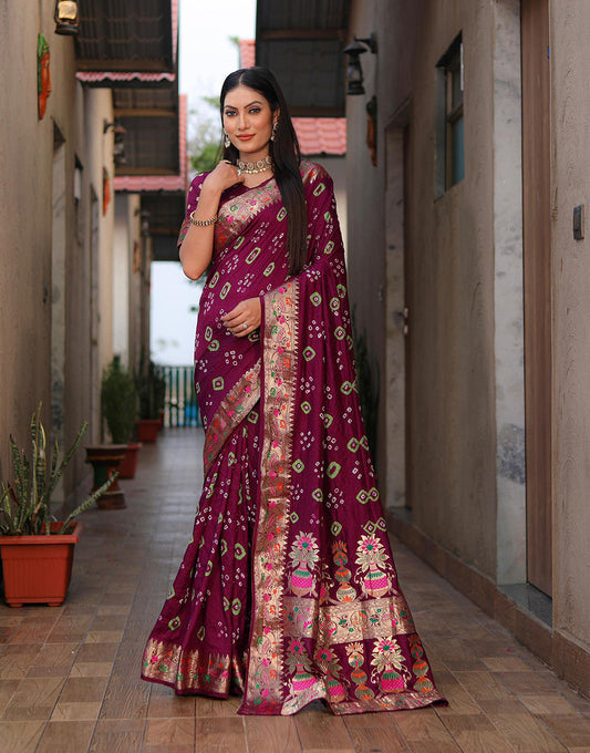 Mulberry Purple Bandhani Saree With Weaving Border