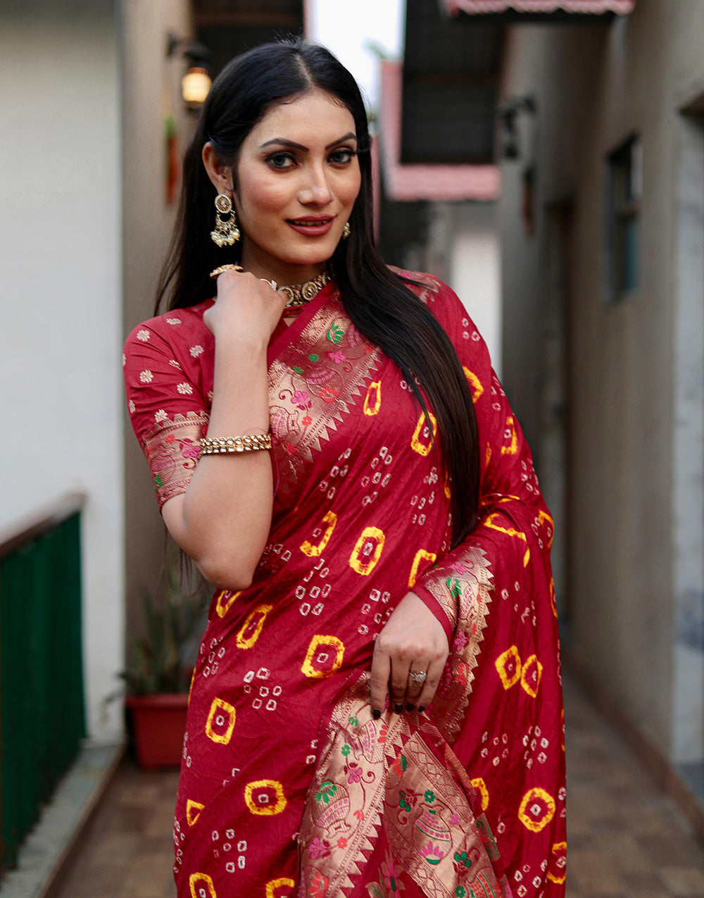 Dark Red Bandhani Saree With Weaving Border