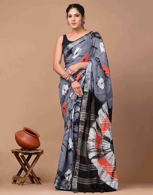 Gray Linen Saree With Digital Printed Work