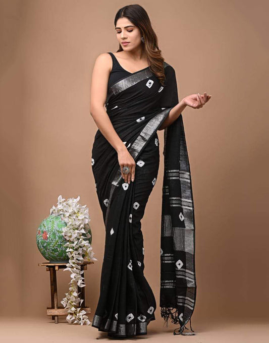 Black Linen Saree With Digital Printed Work