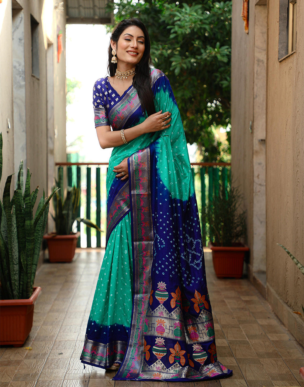 Blue & Rama Hand Bandhej Bandhani Saree With Weaving Work