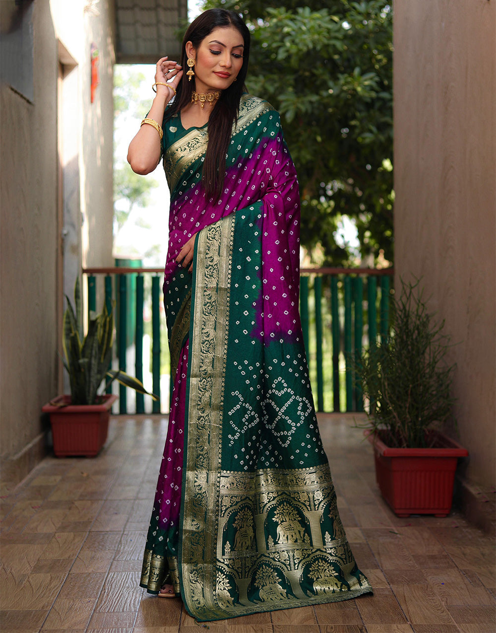 Dark Green & Wine Hand Bandhej Bandhani Saree With Weaving Work