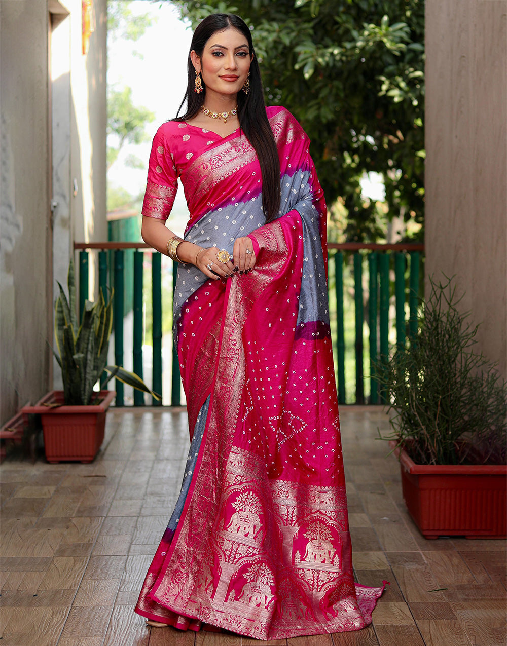 Dark Pink & Grey Hand Bandhej Bandhani Saree With Weaving Work