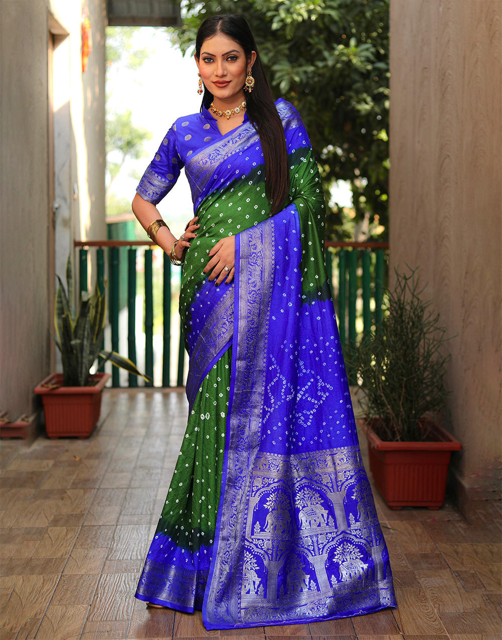 Blue & Green Hand Bandhej Bandhani Saree With Weaving Work