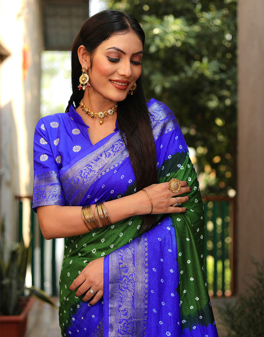 Blue & Green Hand Bandhej Bandhani Saree With Weaving Work