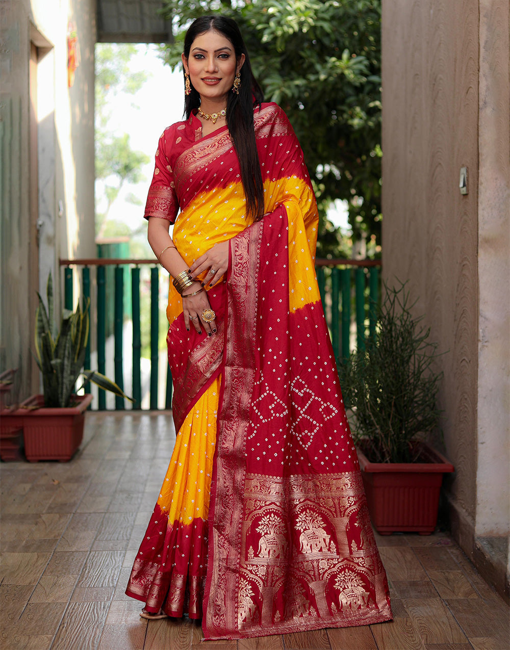 Maroon & Yellow Hand Bandhej Bandhani Saree With Weaving Work