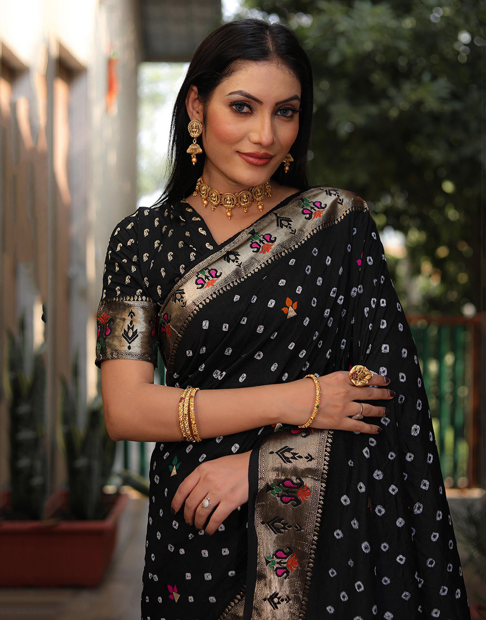 Black Hand Bandhej Bandhani Saree With Paithani Weaving Border