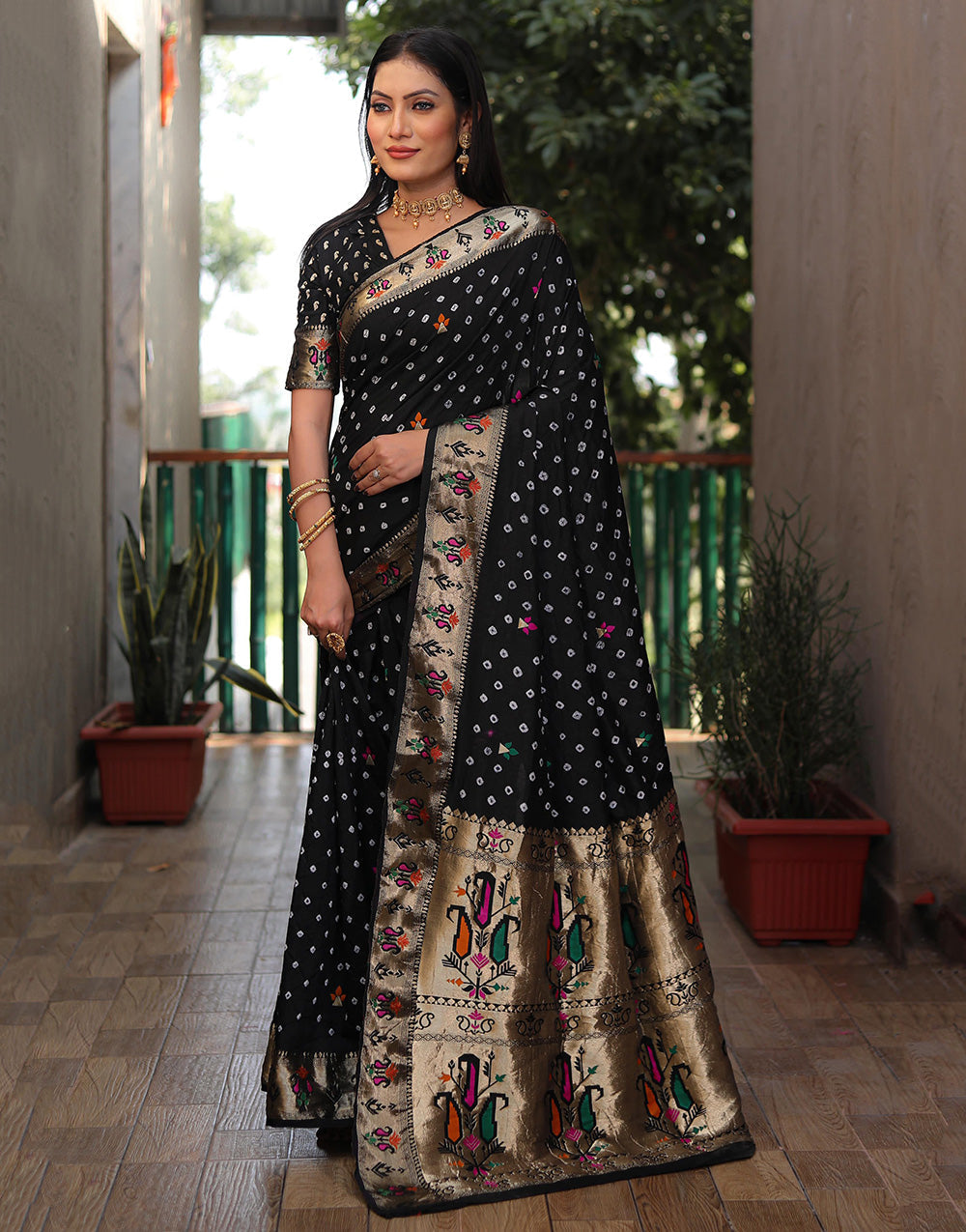 Black Hand Bandhej Bandhani Saree With Paithani Weaving Border