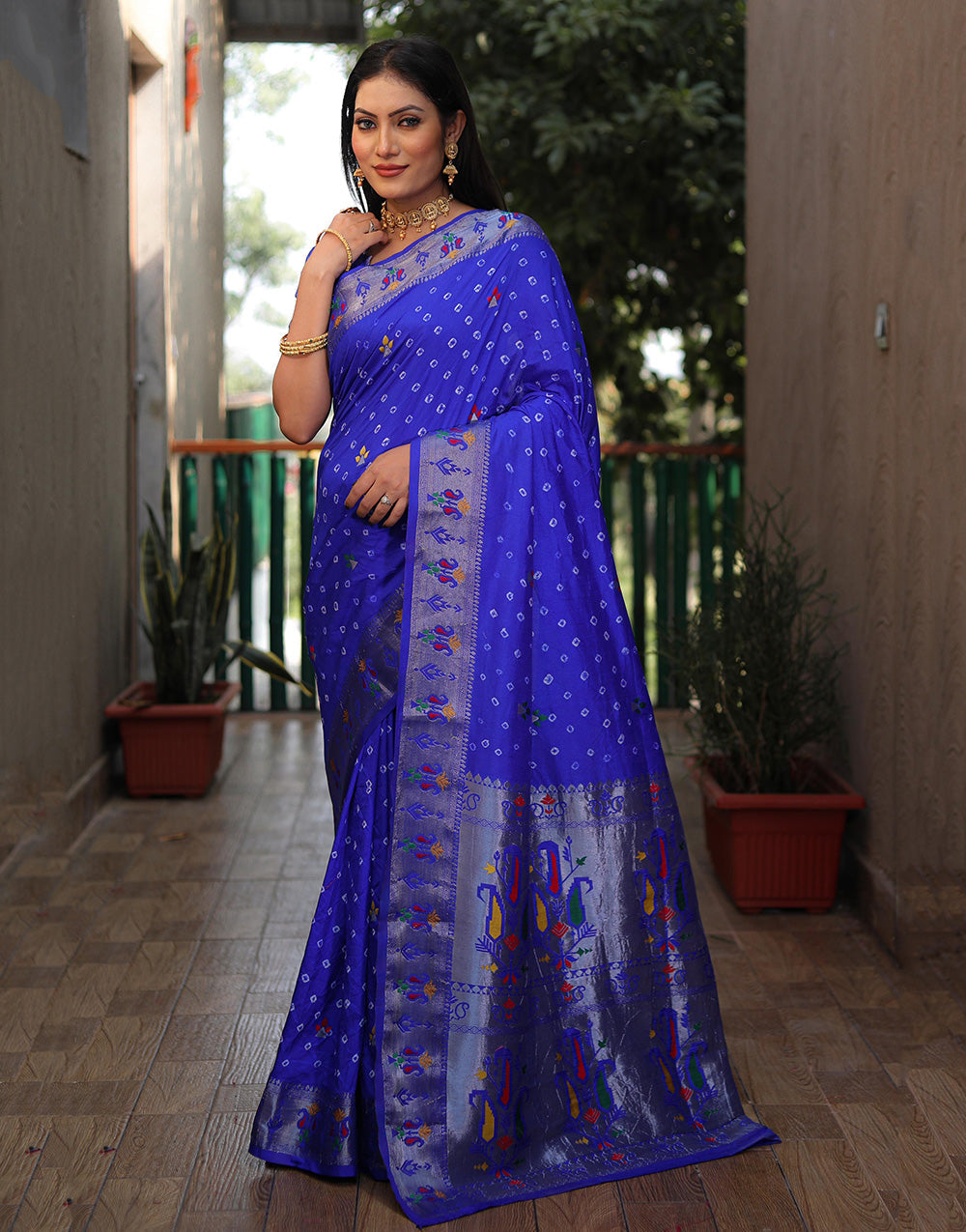 Blue Hand Bandhej Bandhani Saree With Paithni Border