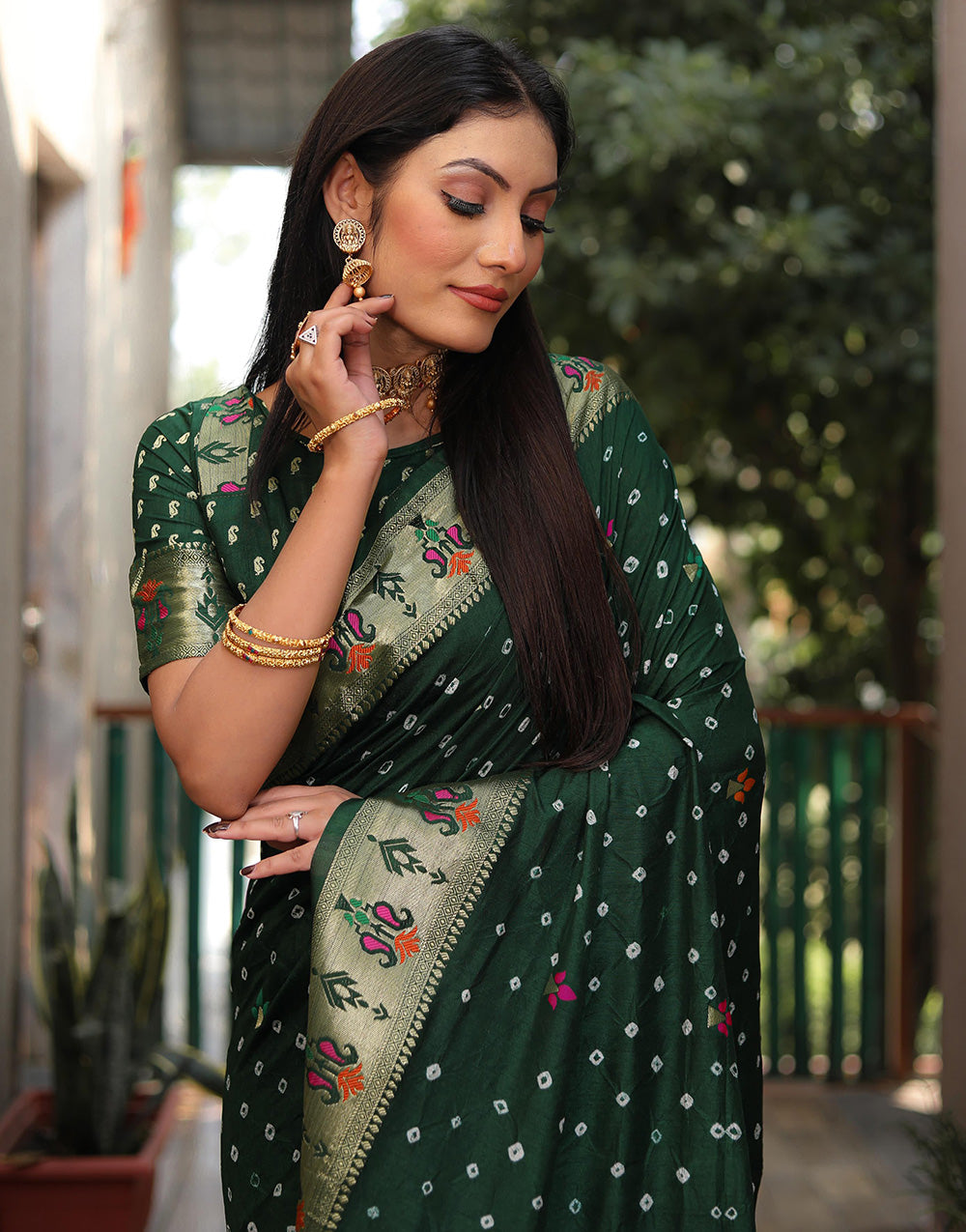 Dark Green Hand Bandhej Bandhani Saree With Paithni Border