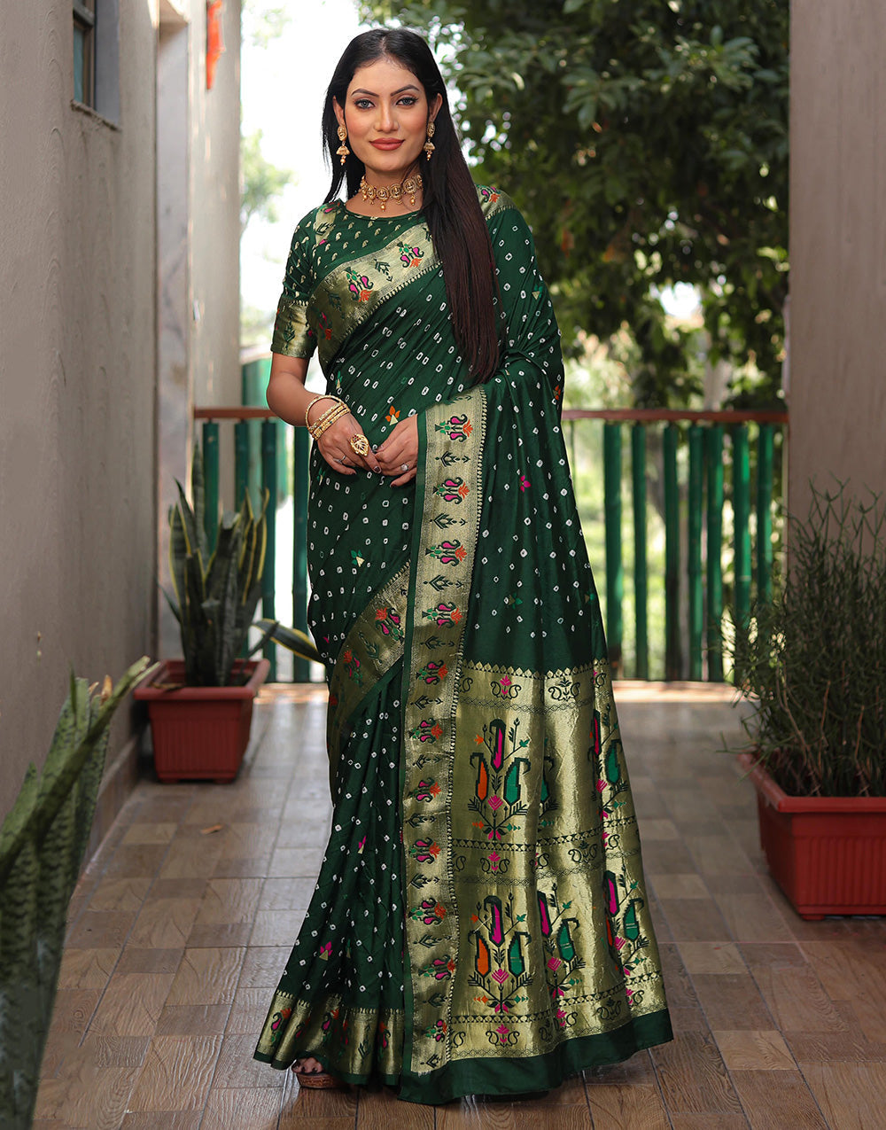 Dark Green Hand Bandhej Bandhani Saree With Paithni Border