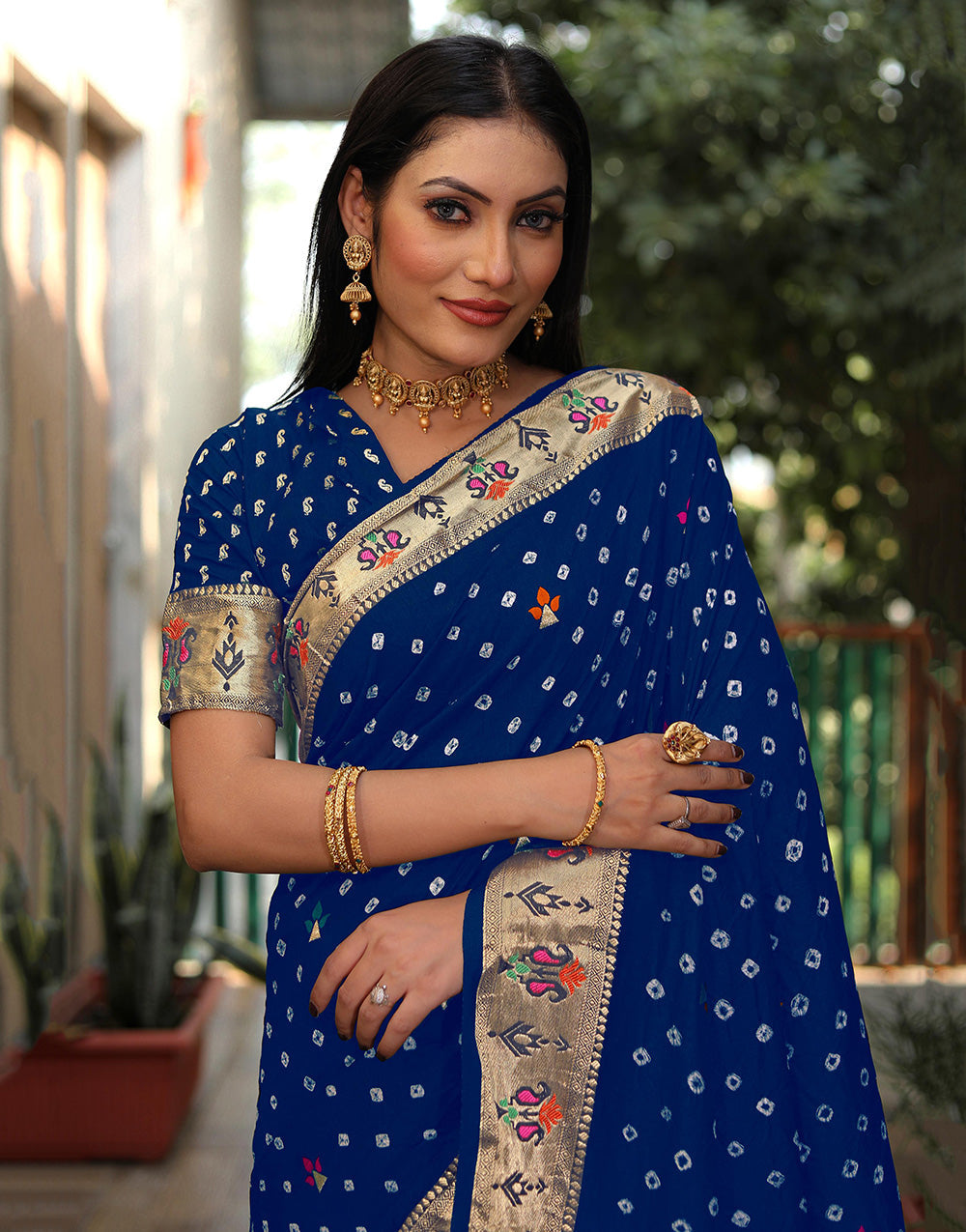 Navy Blue Hand Bandhej Bandhani Saree With Paithani Border