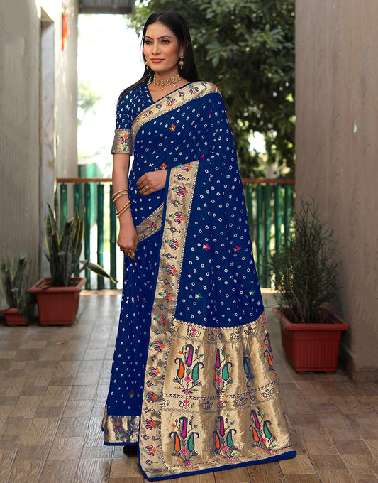 Navy Blue Hand Bandhej Bandhani Saree With Paithani Border