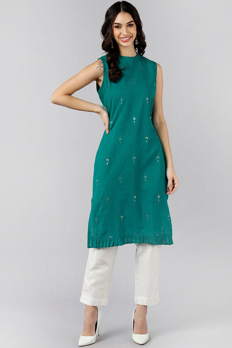 Green Cotton Solid Straight Kurti VEK1114