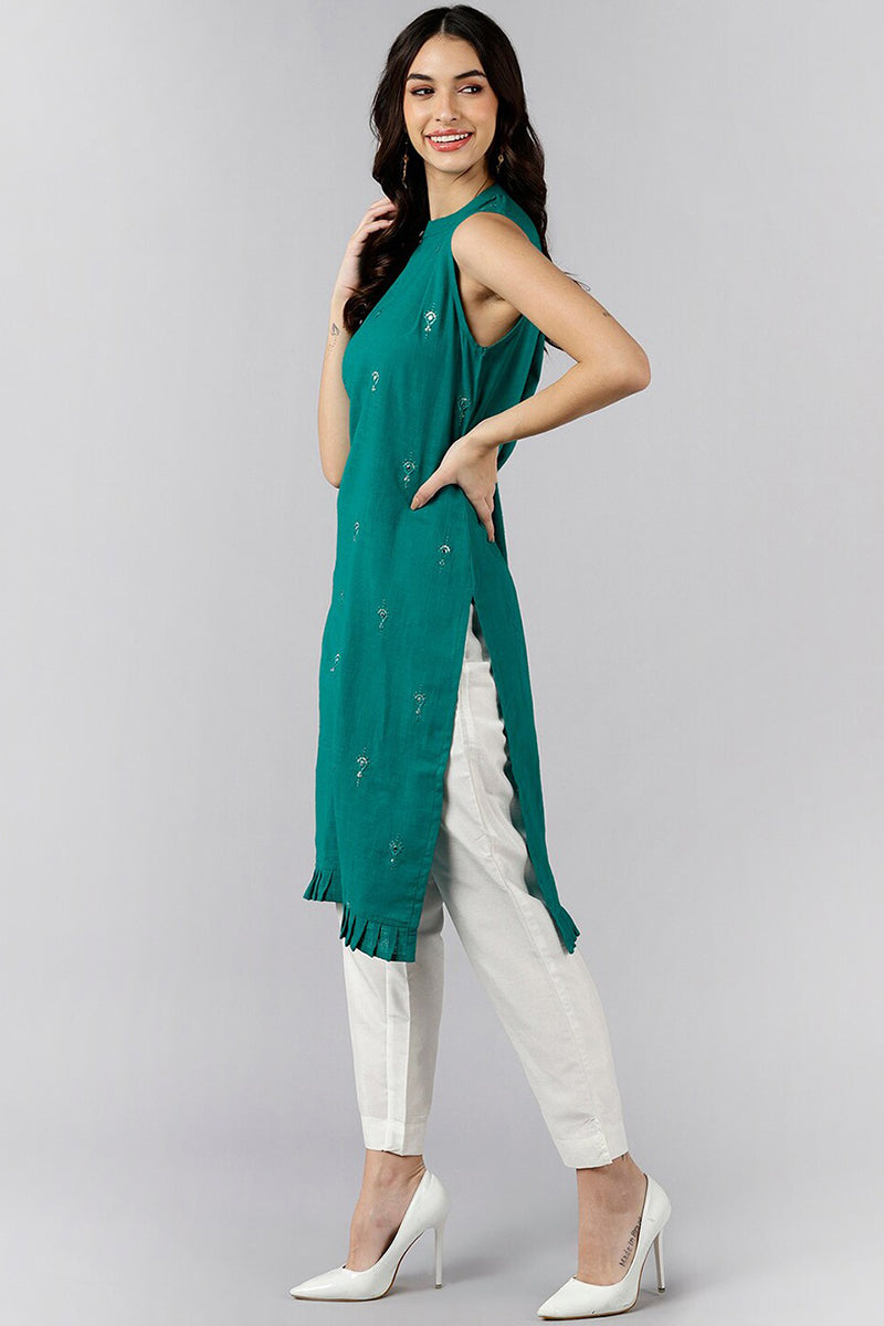 Green Cotton Solid Straight Kurti VEK1114